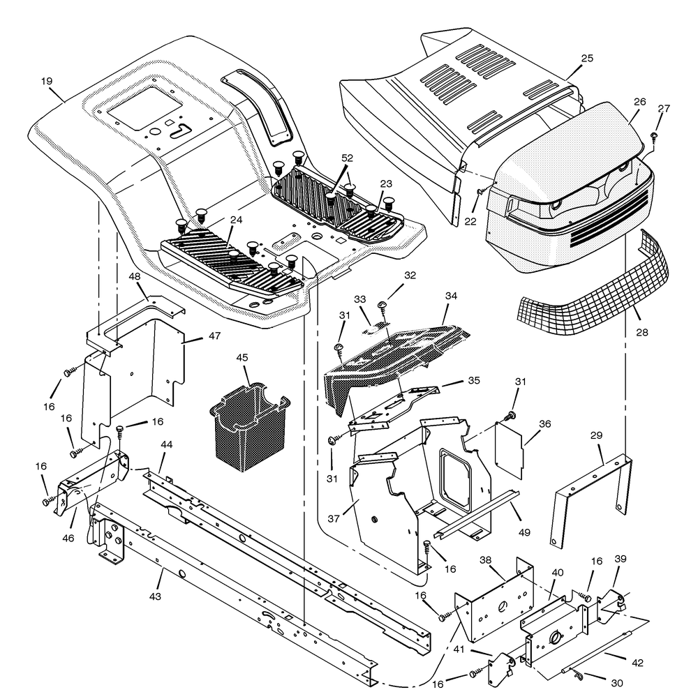 Chassis And Hood Diagram and Parts List for 425601X53B 2001 Briggs and Stratton Lawn Tractor
